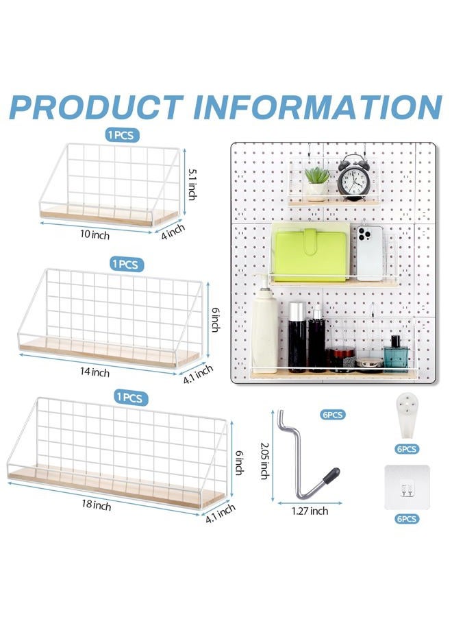 Roowest 3 Pegboard Shelf Set, Pegboard Shelves with Steel Pegboard Brackets and Metal Hooks Pegboard Shelf Bracket Wall Organizer Storage Display Tray Pegboard Accessories for Craft Room Office Garage (White) - Image 2