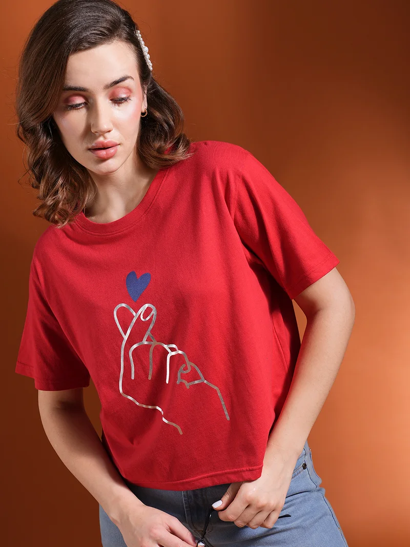Women Drop Shoulder Korean Graphic Printed Oversized Trendy Crop T-Shirt