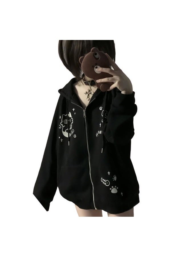 Dynict Womens Y2K Zip Up Cute Graphic Hoodies Cat Ears Casual Cartoon Harajuku Kawaii Clothes Oversize Streetwear Jacket, Black, M - Image 1