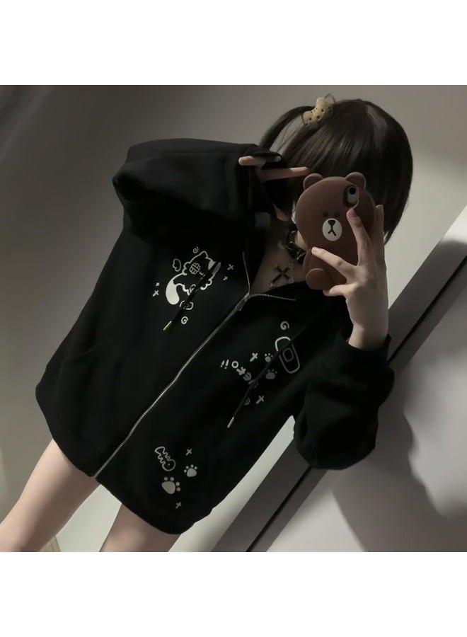 Dynict Womens Y2K Zip Up Cute Graphic Hoodies Cat Ears Casual Cartoon Harajuku Kawaii Clothes Oversize Streetwear Jacket, Black, M - Image 3