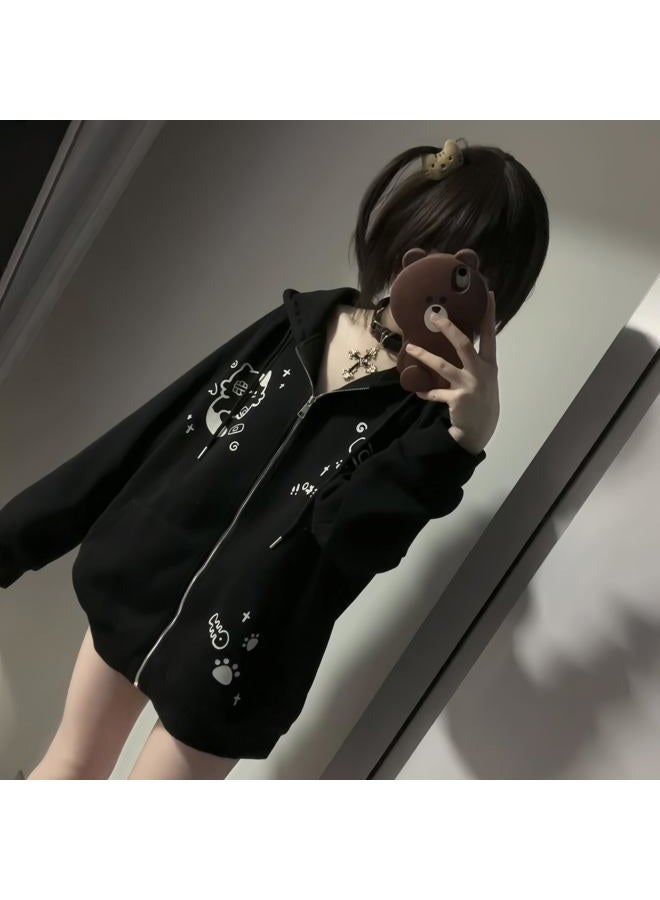 Dynict Womens Y2K Zip Up Cute Graphic Hoodies Cat Ears Casual Cartoon Harajuku Kawaii Clothes Oversize Streetwear Jacket, Black, M - Image 4