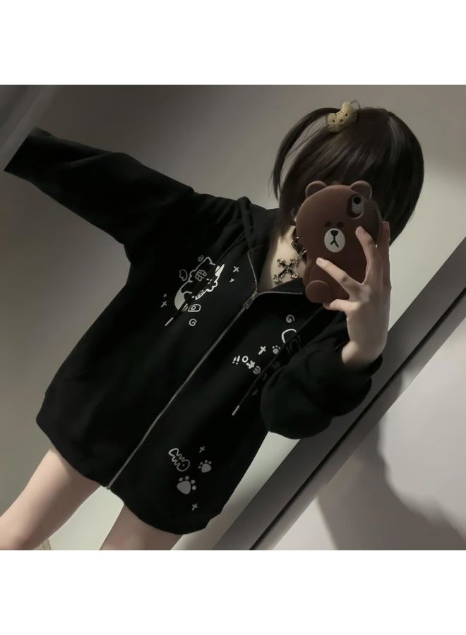 Dynict Womens Y2K Zip Up Cute Graphic Hoodies Cat Ears Casual Cartoon Harajuku Kawaii Clothes Oversize Streetwear Jacket, Black, M - Image 5