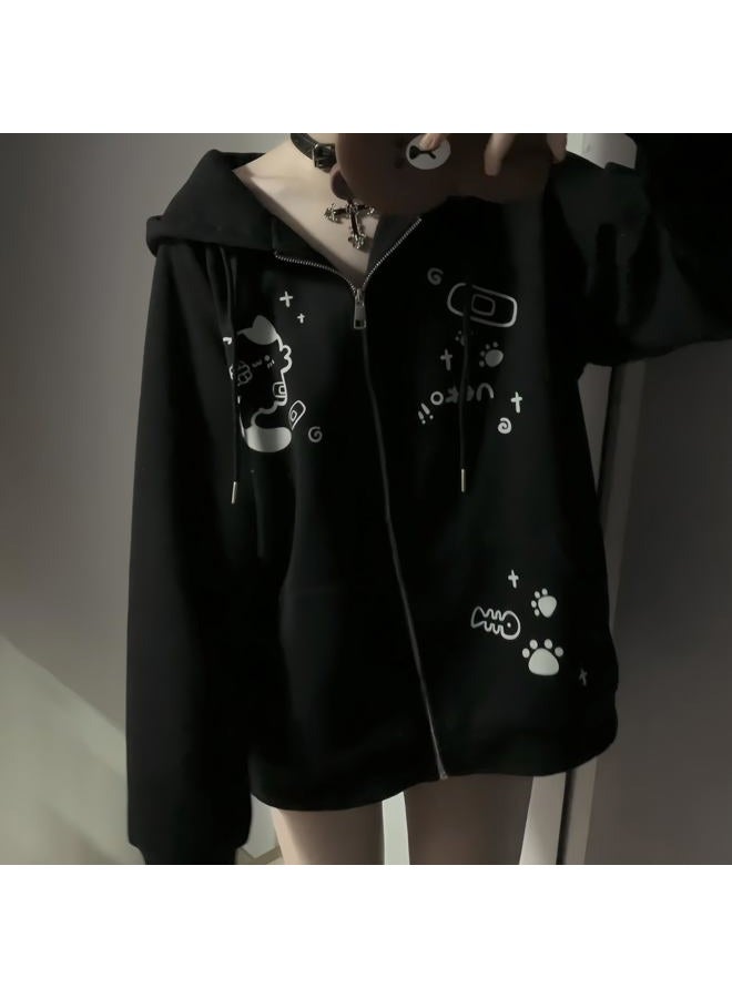 Dynict Womens Y2K Zip Up Cute Graphic Hoodies Cat Ears Casual Cartoon Harajuku Kawaii Clothes Oversize Streetwear Jacket, Black, M - Image 2