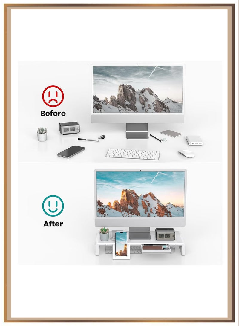 Monitor Desk Mount Stand Riser, Foldable Computer Monitor Riser,Height Adjustable Computer Stand, Desk Shelf Riser with Storage Drawer  (White) - Image 2