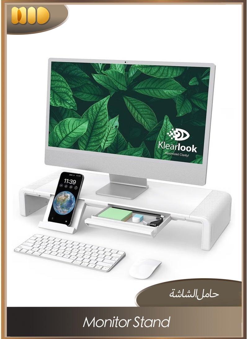 Monitor Desk Mount Stand Riser, Foldable Computer Monitor Riser,Height Adjustable Computer Stand, Desk Shelf Riser with Storage Drawer  (White) - Image 1