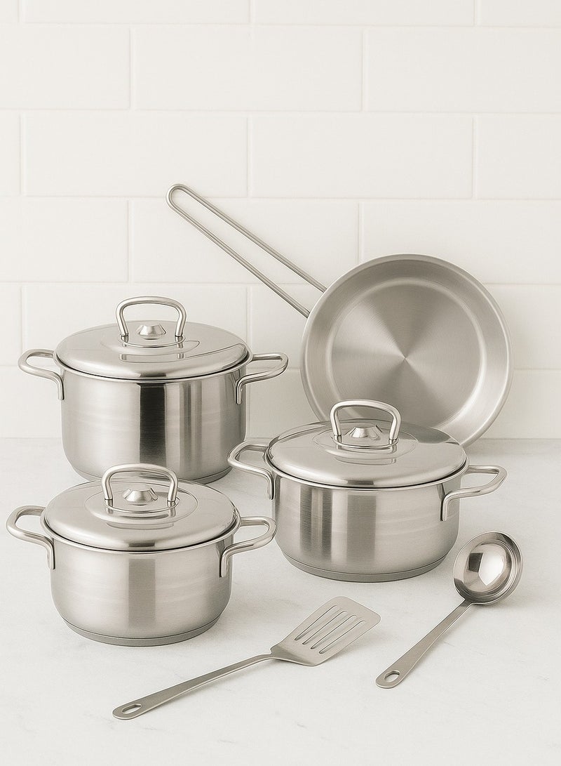 بروسيلا طقم قدور إسترا من الستانلس ستيل مكون من 9 قطع مع مغرفة شوربة ومغرفة تصفية، قاعدة بخمس طبقات مناسبة للطهي على الحث الحراري؛ المقاسات: 20، 24، 24، 28 سم – اللون فضي - Image 1