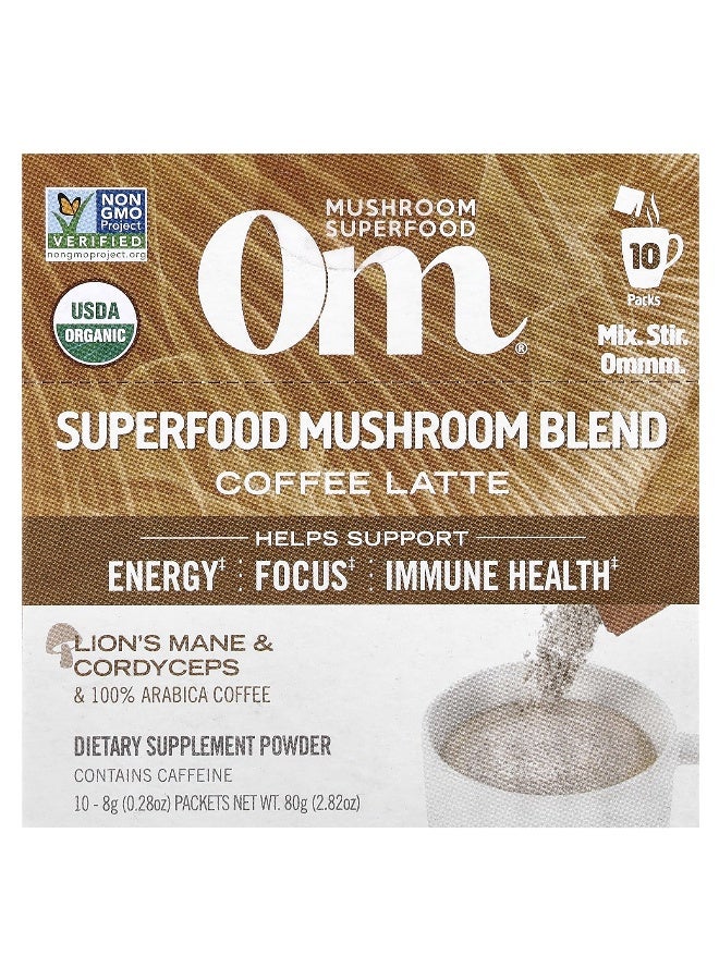 Om Mushrooms فطر أوم، مزيج فطر السوبرفود، لاتيه القهوة، 10 عبوات، 0.28 أونصة (8 جرام) لكل منها - Image 1