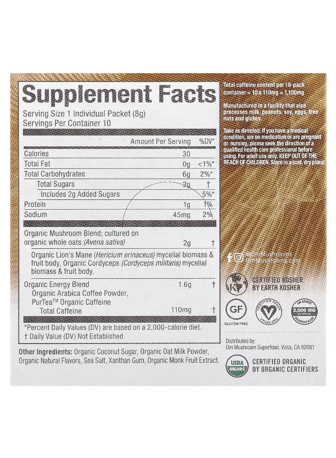 Om Mushrooms فطر أوم، مزيج فطر السوبرفود، لاتيه القهوة، 10 عبوات، 0.28 أونصة (8 جرام) لكل منها - Image 2