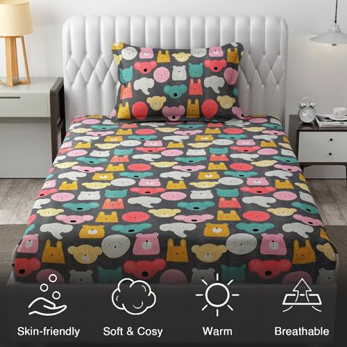 FRESH FROM LOOM Glace Cotton Wrinkle Free Soft Hypoallergenic Bed Sheet | Cartoon Printed Single Bedsheet With One Pillow Cover For Kids (60X90 Inches/Black/Cartoon), 144 tc - Image 5