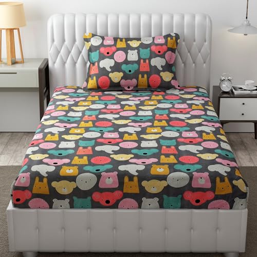 FRESH FROM LOOM Glace Cotton Wrinkle Free Soft Hypoallergenic Bed Sheet | Cartoon Printed Single Bedsheet With One Pillow Cover For Kids (60X90 Inches/Black/Cartoon), 144 tc - Image 1