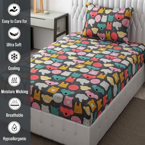 FRESH FROM LOOM Glace Cotton Wrinkle Free Soft Hypoallergenic Bed Sheet | Cartoon Printed Single Bedsheet With One Pillow Cover For Kids (60X90 Inches/Black/Cartoon), 144 tc - Image 4