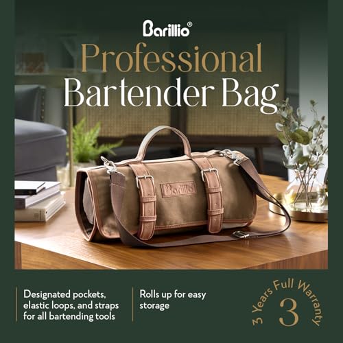 Barillio Bartender Bag Without Tools Stylish Waxed Canvas Roll Up Traveling Bar Bag for Carrying Bar Tools and Cocktail Shaker Set with Shoulder Strap Portable Travel Bartending Roll Brown - Image 3
