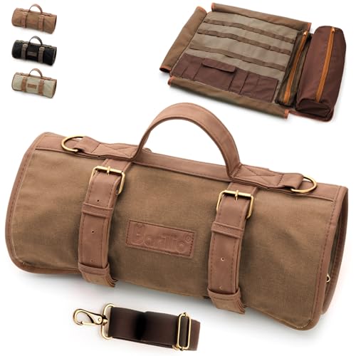 Barillio Bartender Bag Without Tools Stylish Waxed Canvas Roll Up Traveling Bar Bag for Carrying Bar Tools and Cocktail Shaker Set with Shoulder Strap Portable Travel Bartending Roll Brown - Image 1