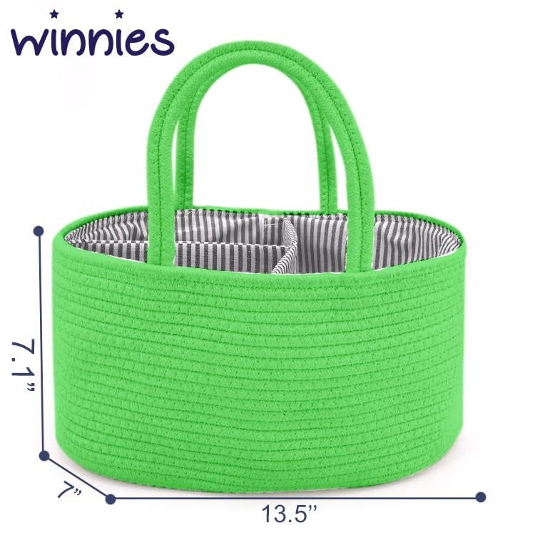 Winnies Rope Diaper Caddy Organizer – Rope Design Tote Bag with 3 Dividers, Portable Baby Essentials Storage Basket with Carry Handles(Green) - Image 2