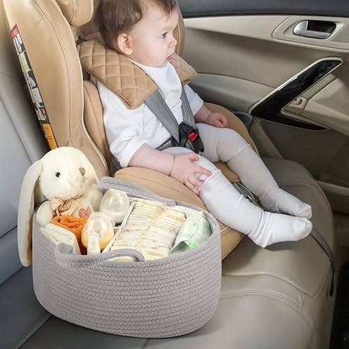 Winnies Rope Diaper Caddy Organizer – Rope Design Tote Bag with 3 Dividers, Portable Baby Essentials Storage Basket with Carry Handles(Green) - Image 3