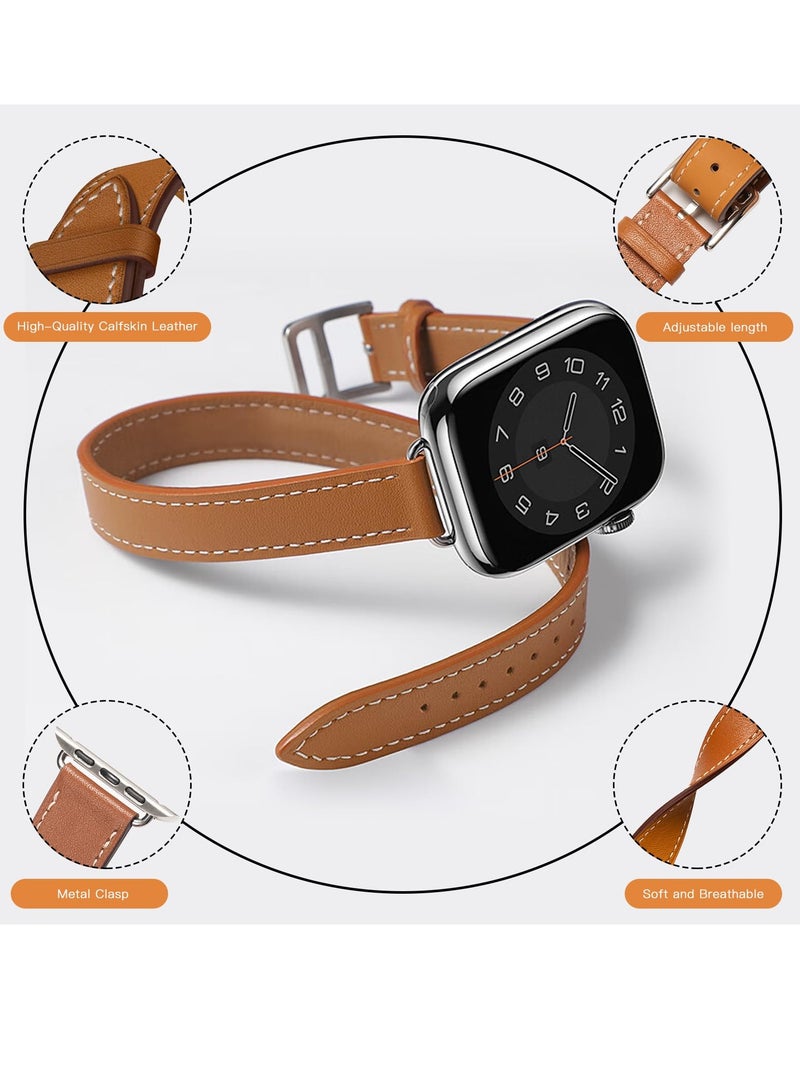 فوميمو سوار ساعة جلدي متوافق مع سلسلة ساعات Apple Watch 38 مم 40 مم 41 مم 42 مم للنساء، حزام بديل نحيف من الجلد الأصلي بتصميم مزدوج لسلسلة iWatch Series10 9 8 7 6 SE، بني - Image 3