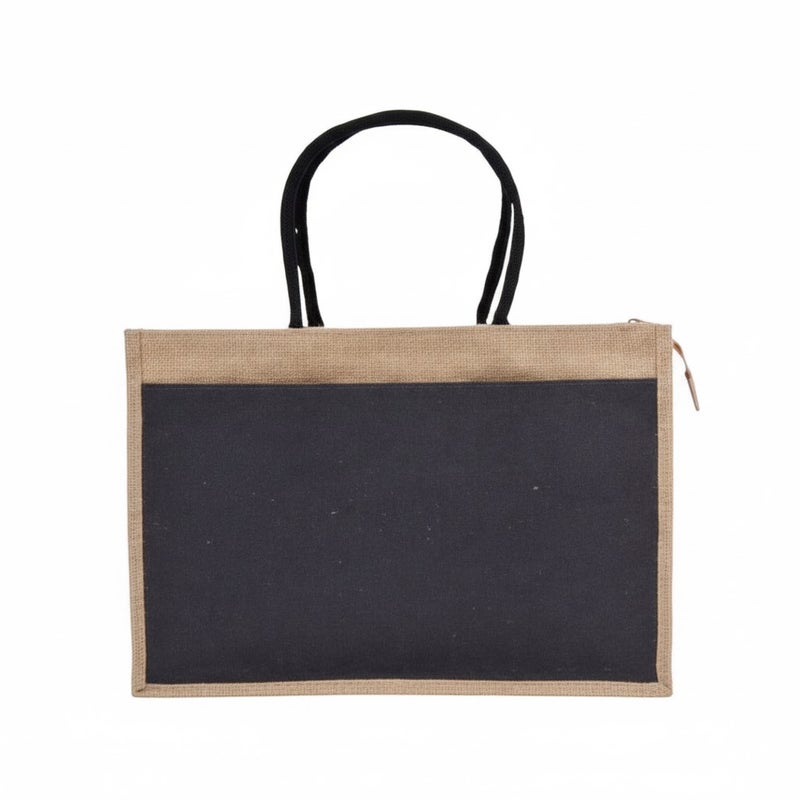 12 PIECES - Jute Shopping Tote Bag with Cotton Pocket,Two-Tone Zipper Closure (NATURAL JUTE/BLACK CANVAS WITH ZIPPER) 41 X 33 X 15 - Image 1