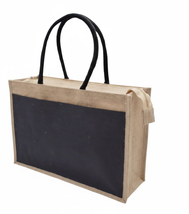 12 PIECES - Jute Shopping Tote Bag with Cotton Pocket,Two-Tone Zipper Closure (NATURAL JUTE/BLACK CANVAS WITH ZIPPER) 41 X 33 X 15 - Image 2