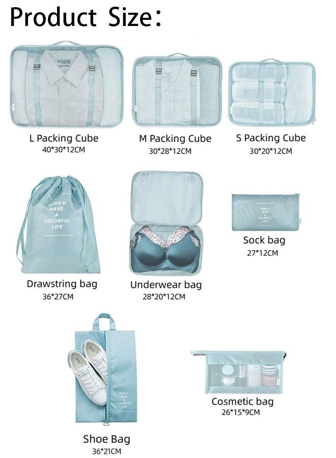 Hanayo 8 Pcs Luggage Organizer Bags Set Multifunction Packing Cubes Travel Packing Cubes Waterproof Luggage Organiser Suitcase Bag Travel Essential for Carry on Luggage(Blue) - Image 2