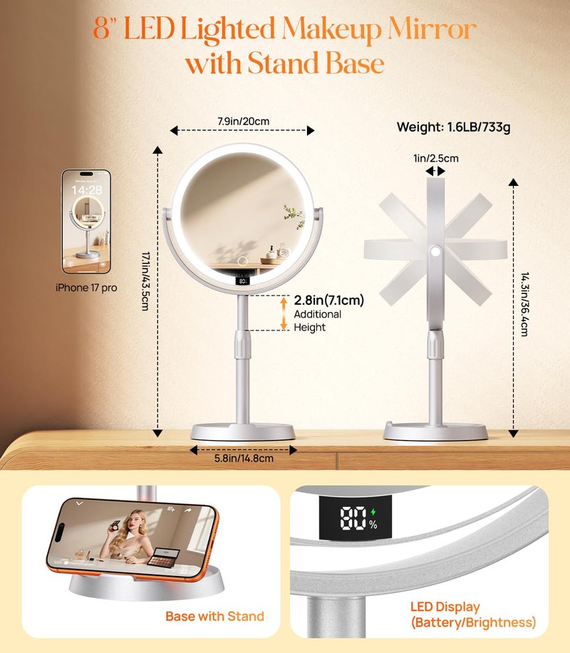 Gospire Plastic Frame 8" Lighted Makeup Mirror with Lights and Magnification, 20X Magnifying Mirror with Light for Makeup Desk, Height Adjustable and Digital Display, Shaving Mirror for Bathroom - Image 3
