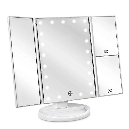 deweisn Lighted Vanity Makeup Mirror with 3X2X1X Magnification 21 LED Lights and Touch Screen Dimmable Mirror Two power Supply Mode Tabletop Makeup mirrorTravel Cosmetic MirrorWhite