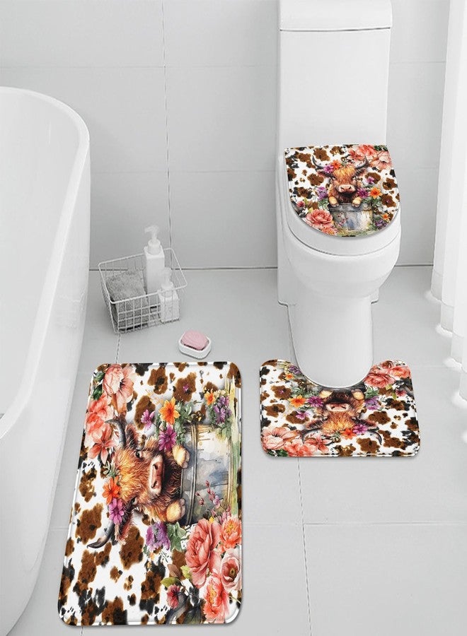Pamnest 4 Pcs Shower Curtain Sets, Cute Highland Calf Vintage Flower Waterproof Bathroom Sets with Non-Slip Rugs, Toilet Lid Cover and Bath Mat, Accessories Modern Home Bathroom Decor 72" X 72" - Image 5