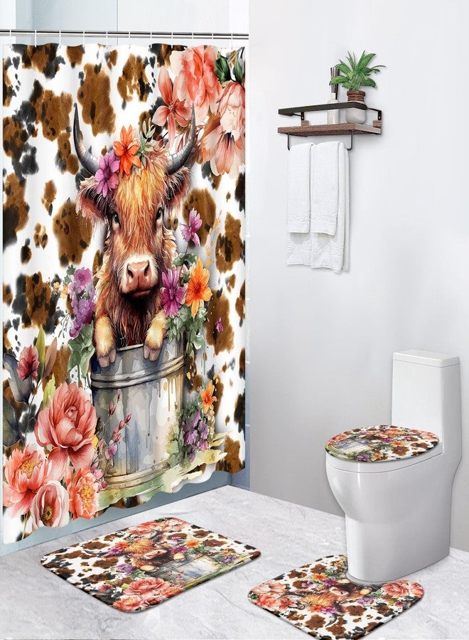 Pamnest 4 Pcs Shower Curtain Sets, Cute Highland Calf Vintage Flower Waterproof Bathroom Sets with Non-Slip Rugs, Toilet Lid Cover and Bath Mat, Accessories Modern Home Bathroom Decor 72" X 72" - Image 1