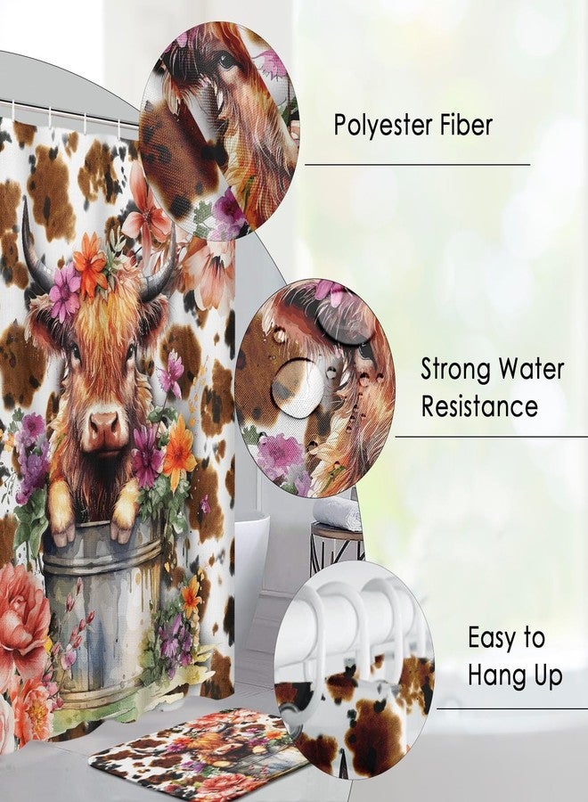 Pamnest 4 Pcs Shower Curtain Sets, Cute Highland Calf Vintage Flower Waterproof Bathroom Sets with Non-Slip Rugs, Toilet Lid Cover and Bath Mat, Accessories Modern Home Bathroom Decor 72" X 72" - Image 2