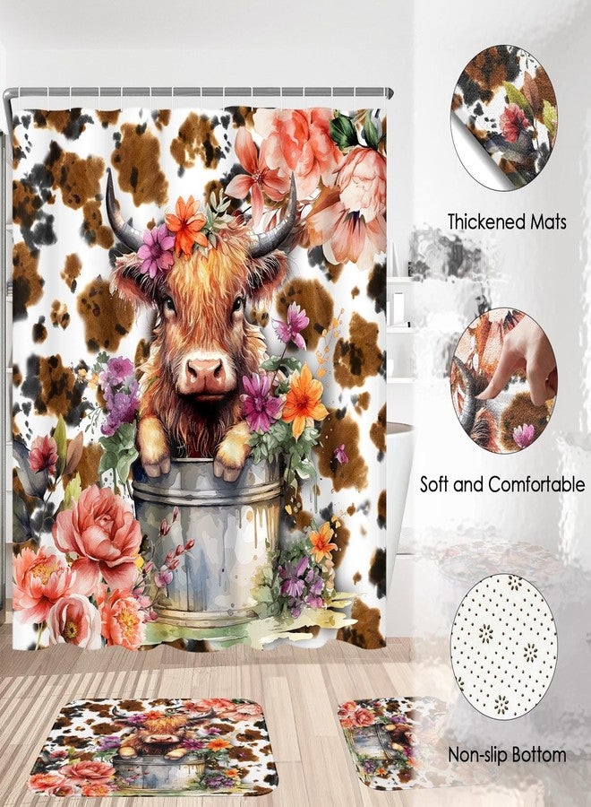 Pamnest 4 Pcs Shower Curtain Sets, Cute Highland Calf Vintage Flower Waterproof Bathroom Sets with Non-Slip Rugs, Toilet Lid Cover and Bath Mat, Accessories Modern Home Bathroom Decor 72" X 72" - Image 4