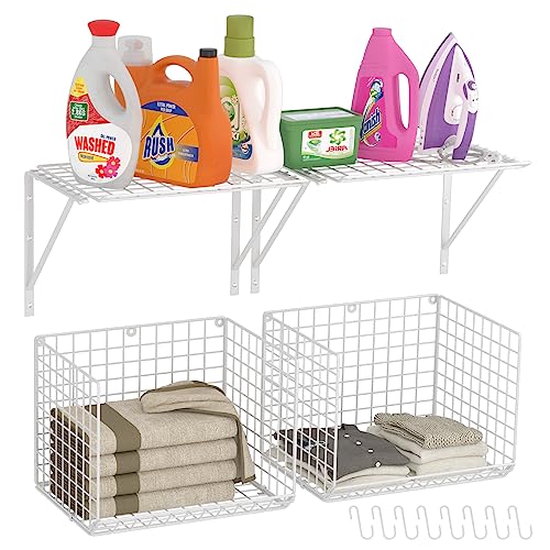 3IngSeagulls 2 Pack Laundry Room Shelves Wall Mounted with Wire Baskets, Over the Washer and Dryer Shelf with Clothes Drying Rack, 8 Hooks，Wire Shelves Baskets for Laundry Closet Organization and Storage, White - Image 1