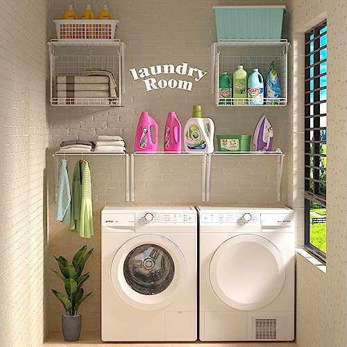 3IngSeagulls 2 Pack Laundry Room Shelves Wall Mounted with Wire Baskets, Over the Washer and Dryer Shelf with Clothes Drying Rack, 8 Hooks，Wire Shelves Baskets for Laundry Closet Organization and Storage, White - Image 4