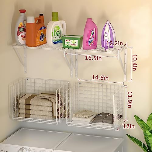 3IngSeagulls 2 Pack Laundry Room Shelves Wall Mounted with Wire Baskets, Over the Washer and Dryer Shelf with Clothes Drying Rack, 8 Hooks，Wire Shelves Baskets for Laundry Closet Organization and Storage, White - Image 2