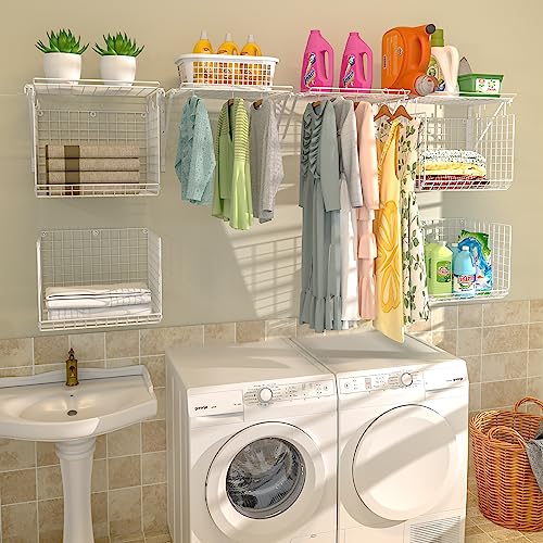 3IngSeagulls 2 Pack Laundry Room Shelves Wall Mounted with Wire Baskets, Over the Washer and Dryer Shelf with Clothes Drying Rack, 8 Hooks，Wire Shelves Baskets for Laundry Closet Organization and Storage, White - Image 3