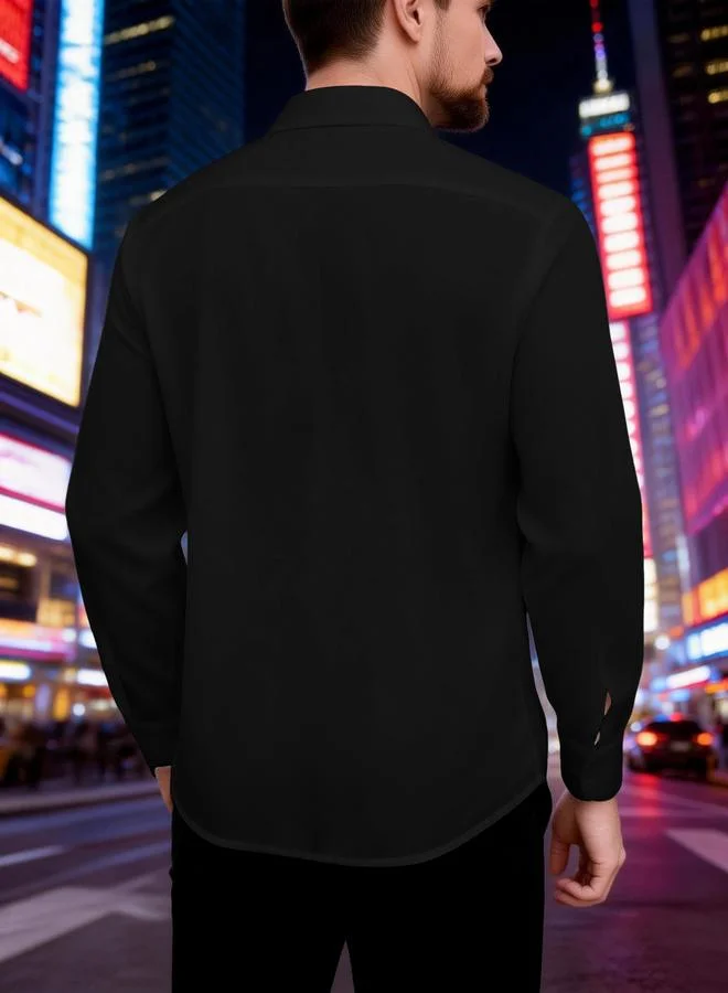 تايك تو Men Black Pleated Spread Collar Shirt