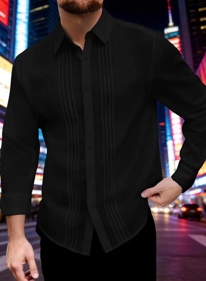تايك تو Men Black Pleated Spread Collar Shirt