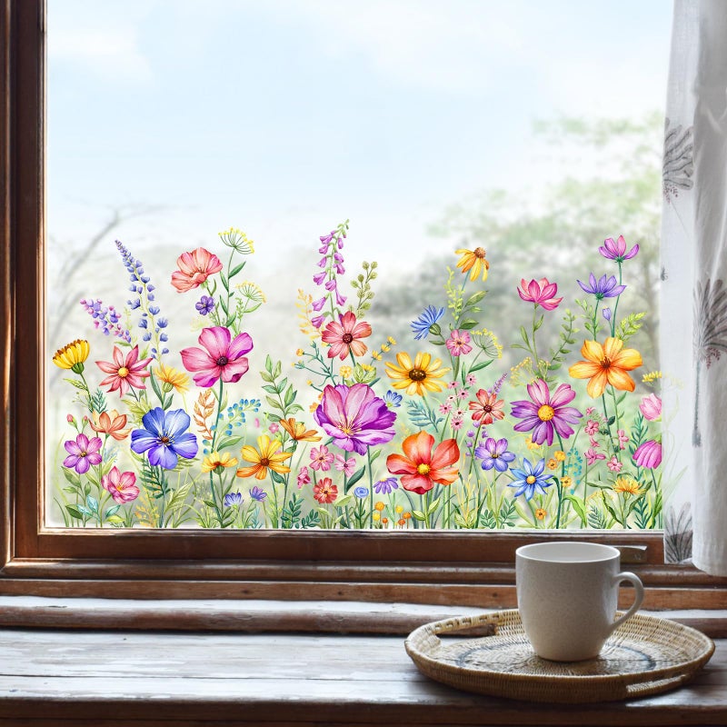 Supzone Wildflower Window Clings Colorful Spring Summer Floral Window Stickers Double-Sided Anti-Collision Glass Door Mirror Decals - Image 1