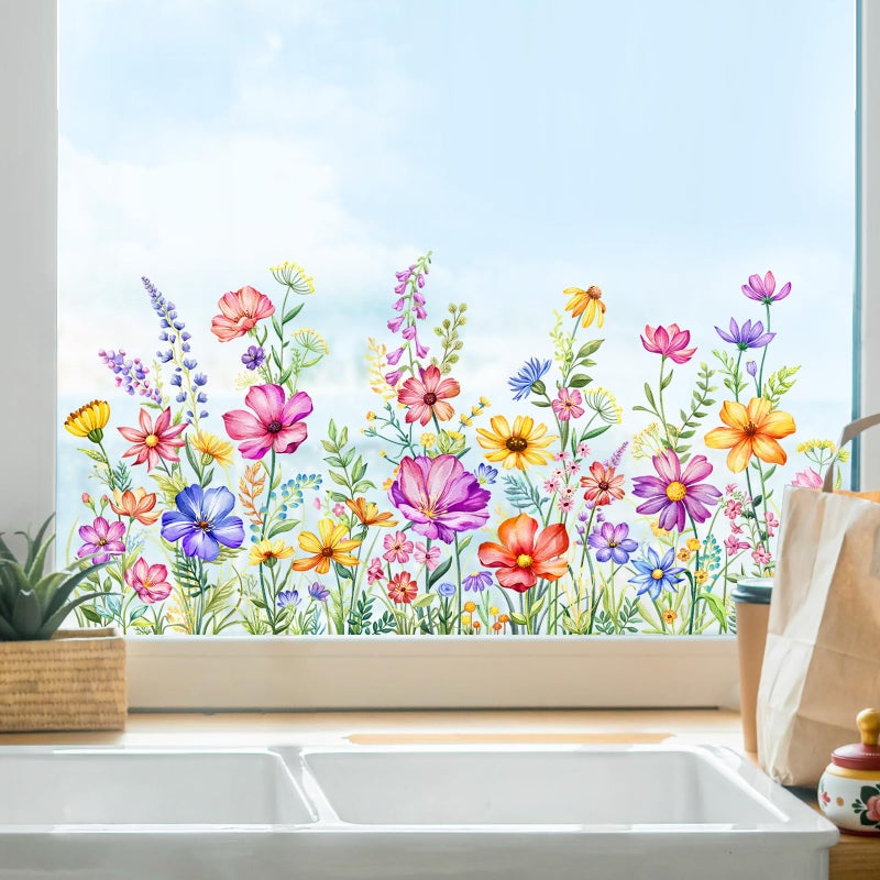 Supzone Wildflower Window Clings Colorful Spring Summer Floral Window Stickers Double-Sided Anti-Collision Glass Door Mirror Decals - Image 3