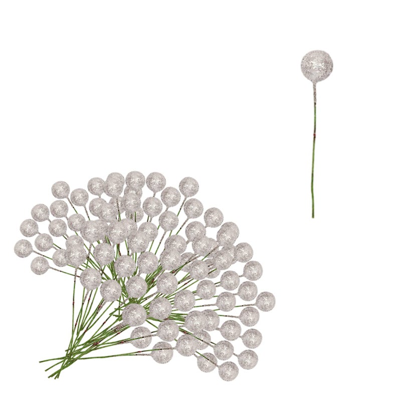 100pcs Christmas Artificial Silver Holly BerriesGlitter Berry Twig Stem Artificial Berry Fruits Picks Berry Branches Winter Berries Bunch for Christmas Wreath Making Xmas Tree Decorations Supplies
