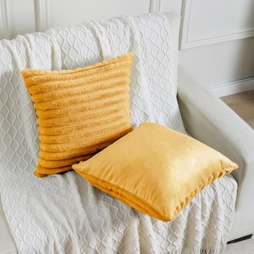 AEROHAVEN™ Premium Faux Rabbit Fur Plush Luxury Soft Fluffy Striped Decorative Throw Pillow/Cushion Covers for Sofa, Couch, Living Room - CC283 - (2, Mustard Yellow, 16 x 16 Inch) - Image 2