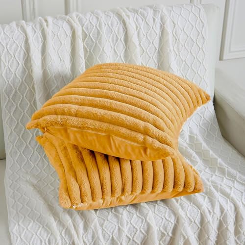AEROHAVEN™ Premium Faux Rabbit Fur Plush Luxury Soft Fluffy Striped Decorative Throw Pillow/Cushion Covers for Sofa, Couch, Living Room - CC283 - (2, Mustard Yellow, 16 x 16 Inch) - Image 5
