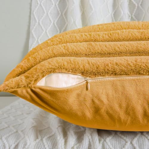 AEROHAVEN™ Premium Faux Rabbit Fur Plush Luxury Soft Fluffy Striped Decorative Throw Pillow/Cushion Covers for Sofa, Couch, Living Room - CC283 - (2, Mustard Yellow, 16 x 16 Inch) - Image 3