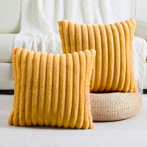 AEROHAVEN™ Premium Faux Rabbit Fur Plush Luxury Soft Fluffy Striped Decorative Throw Pillow/Cushion Covers for Sofa, Couch, Living Room - CC283 - (2, Mustard Yellow, 16 x 16 Inch) - Image 1