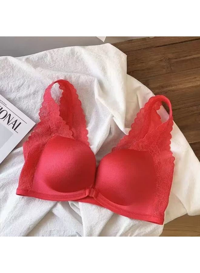 Kj Women's Small Bust Push-up Red Front Closure Wireless Bra Set Gift Box For Wife - Image 5