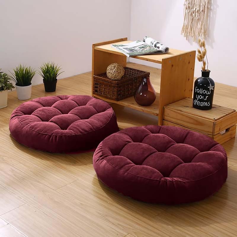 Gfobip Meditation Floor Pillow Set of 2 Large Round Floor Cushions for Adults Tufted Corduroy Floor Seat Pillows Cushion for Living Room,Wine Red 16.5" Lx16.5 Wx3 H - Image 1