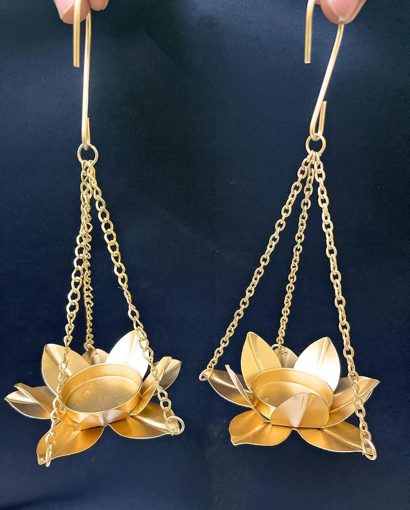 AG E-Com AG ECom Metal Hanging Lotus Shape Tealight Candle Holder with Chain Pack of 2 Diwali Festival Decoration 