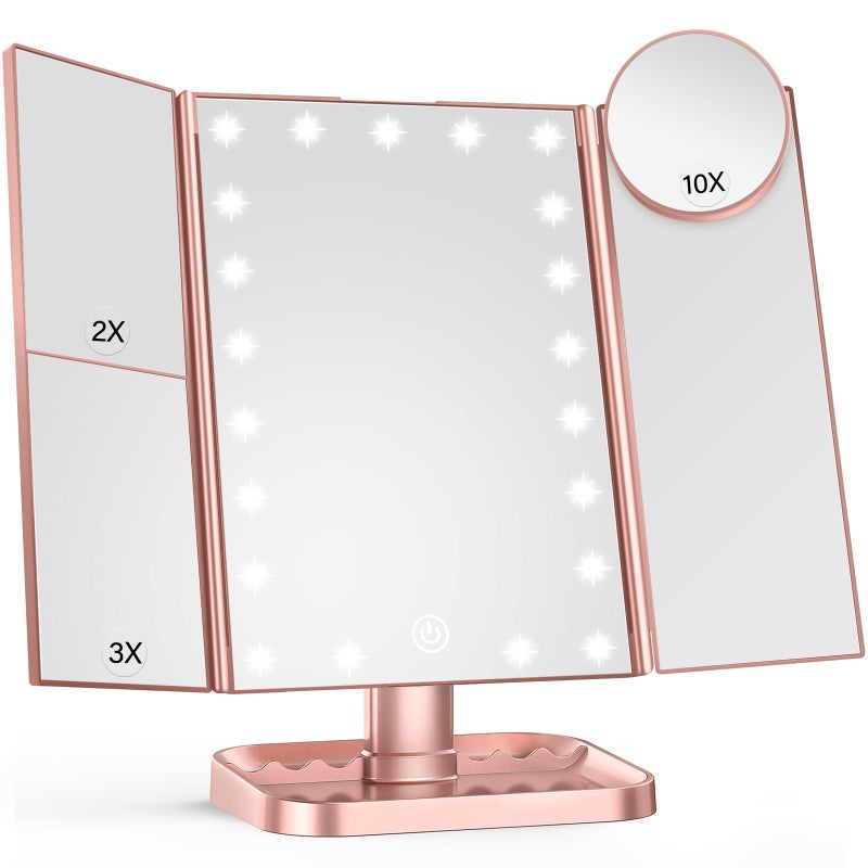 مرآة مكياج HUONUL 10X 3X 2X مكبرة مرآة مكياج مضاءة تحكم باللمس طاقة مزدوجة مرآة LED محمولة هدية للنساء ذهبية وردية