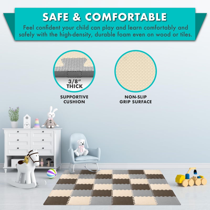 ProSource Foam Puzzle Floor Play Mat for Kids and Babies with Solid Colors, 36 or 16 Interlocking Tiles with Borders, Brown/Beige/Grey - Image 4