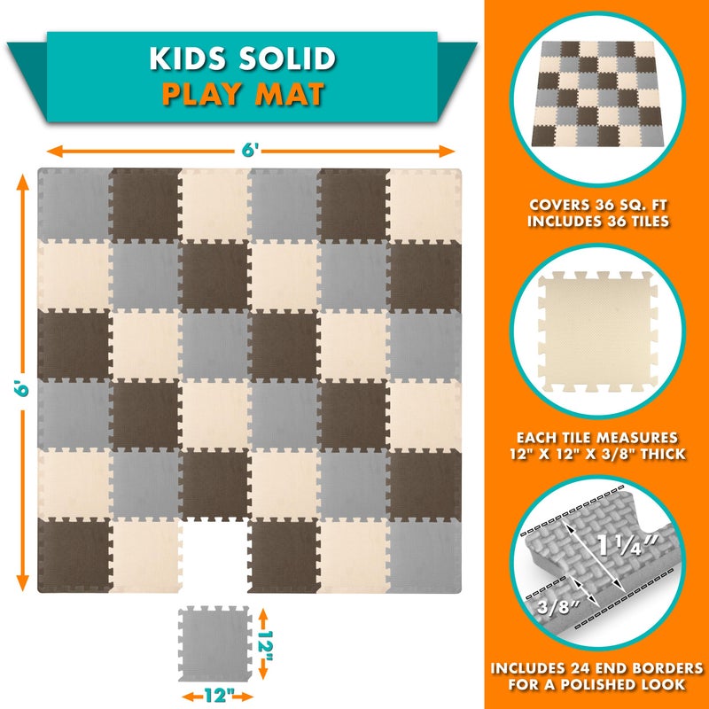 ProSource Foam Puzzle Floor Play Mat for Kids and Babies with Solid Colors, 36 or 16 Interlocking Tiles with Borders, Brown/Beige/Grey - Image 2