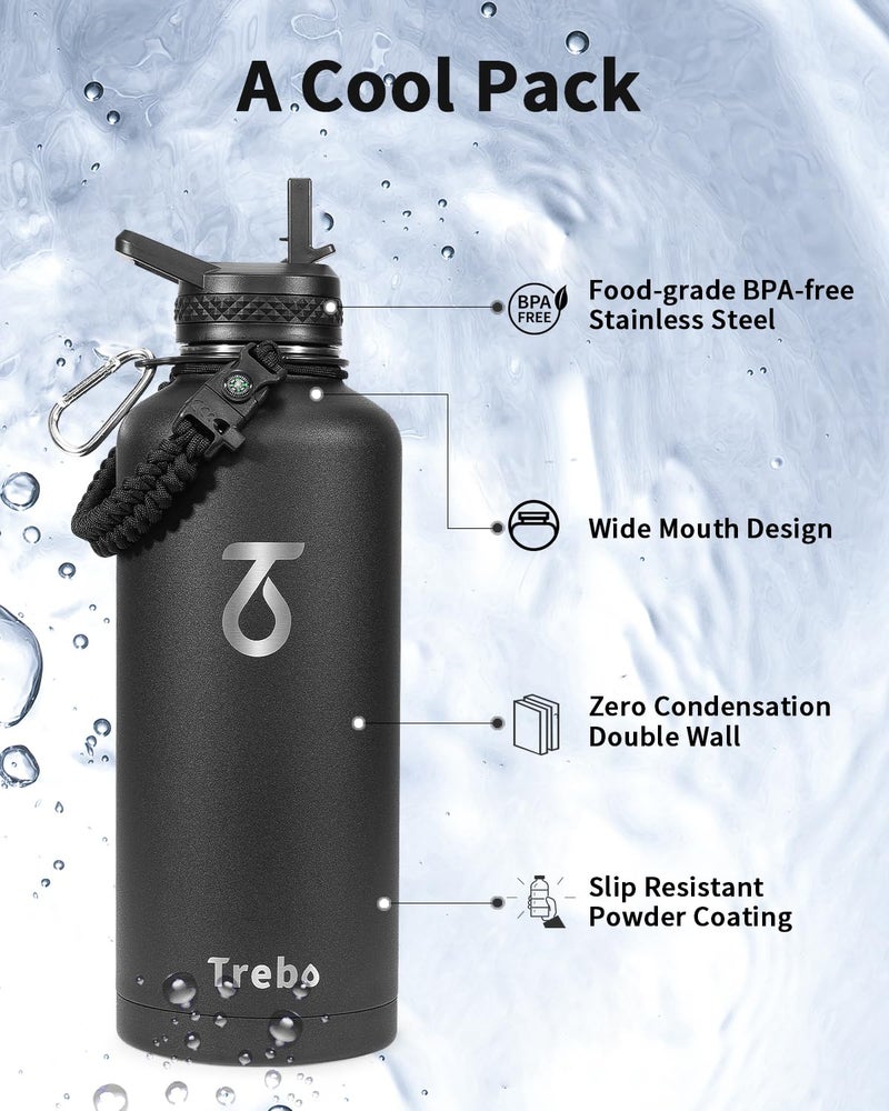 Trebo Water Bottle 87oz with Paracord Handle  Half Gallon Food-grade Double Wall Vacuum Stainless Steel Insulated Jug with Straw Spout Handle Lids  Leakproof Keep Cold & Hot Black - Image 3
