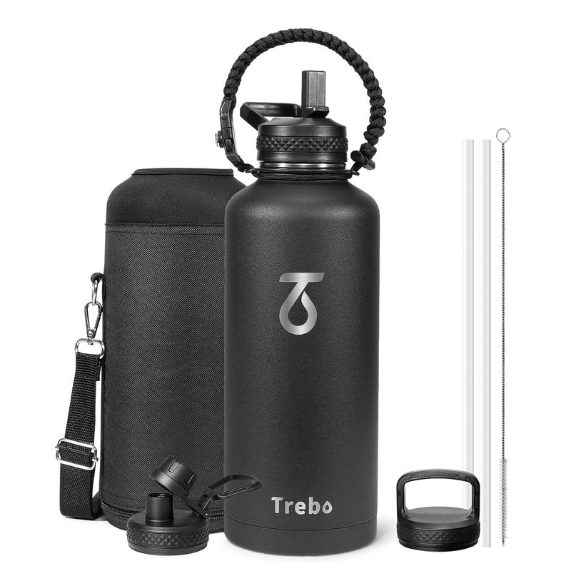Trebo Water Bottle 87oz with Paracord Handle  Half Gallon Food-grade Double Wall Vacuum Stainless Steel Insulated Jug with Straw Spout Handle Lids  Leakproof Keep Cold & Hot Black - Image 1